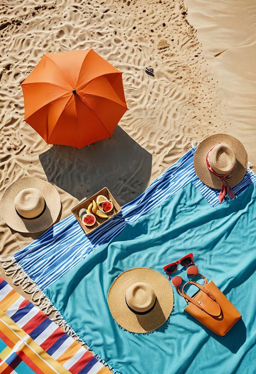 A sun-soaked beach scene featuring diverse women of various body types sporting trendy bikinis in vibrant summer colors, enjoying a sunny day. In the foreground, a stylish beach umbrella and a picnic blanket with financial magazines peeking out of a beach bag, symbolizing financial planning for vacations. The background should have clear blue skies, rolling waves, and golden sand to evoke a sense of summer relaxation. super-realistic. vibrant colors. beach vibe.