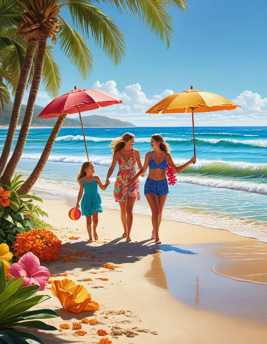 A sunlit beach scene with a happy family enjoying summer fun, surrounded by tropical decorations and financial tools like calculators and piggy banks scattered in the sand. Vibrant colors emphasizing joy and relaxation, with clear blue skies and gentle waves in the background. Light-hearted atmosphere showcasing the balance between financial confidence and leisure. super-realistic. vibrant colors.