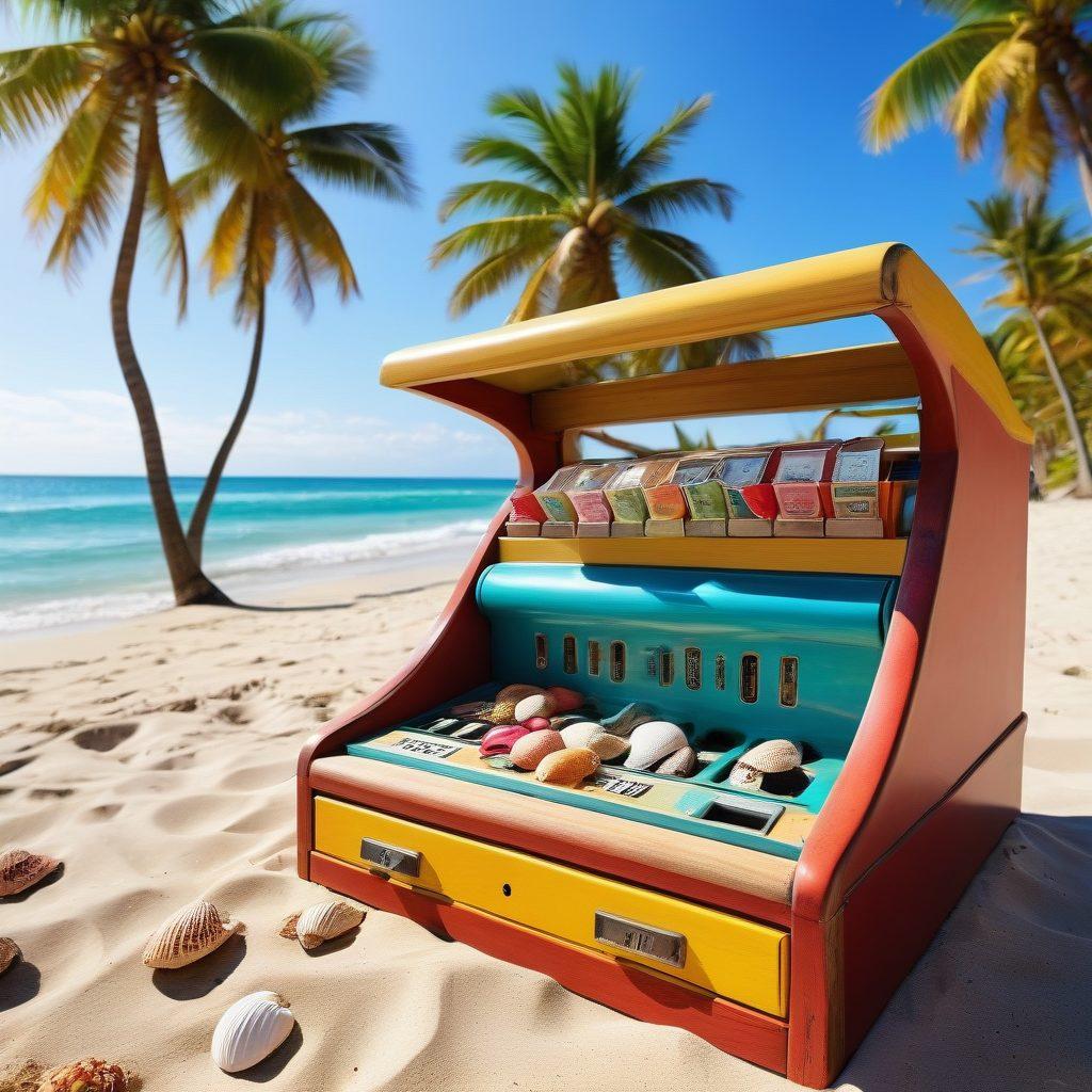 A cheerful beach scene featuring a vibrant summer day, with colorful affordable bikinis displayed on a sandy beach. People of diverse backgrounds enjoying the sun and surf, while a classic wooden cash register adorned with seashells symbolizes quick cash. Palms swaying gently in the breeze and waves breaking in the background, embodying a sense of beach bliss. bright and lively. vector art. vibrant colors.